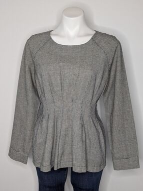 Modern Vintage Black White Houndstooth Peplum Linen Cotton Top M